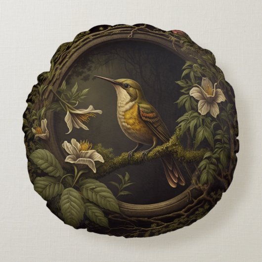熱帯ヴィンテージ鳥とフローラクッション枕 ラウンドクッション (正面)