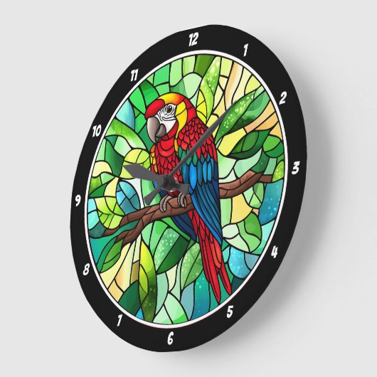 熱帯万華鏡のように千変万化するパターン» – ステンドグラスのオウム ラージ壁時計 (傾斜)