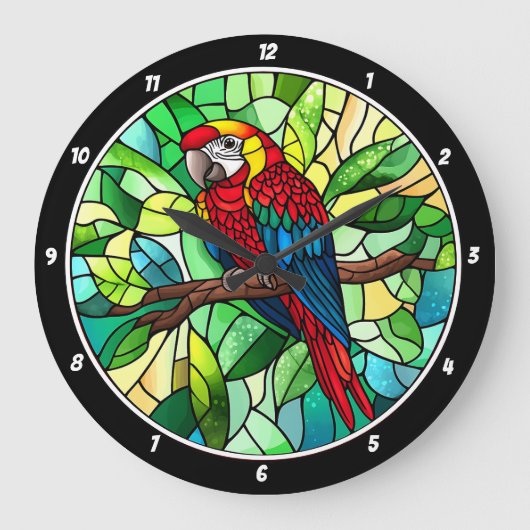 熱帯万華鏡のように千変万化するパターン» – ステンドグラスのオウム ラージ壁時計 (正面)