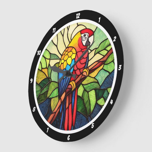 熱帯万華鏡のように千変万化するパターン» – ステンドグラスのオウム ラージ壁時計 (傾斜)