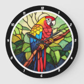 熱帯万華鏡のように千変万化するパターン» – ステンドグラスのオウム ラージ壁時計 (正面)
