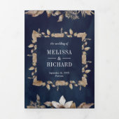 熱帯乾燥パーム葉ズネイビー結婚ブルー 三つ折り招待状 (カバー)