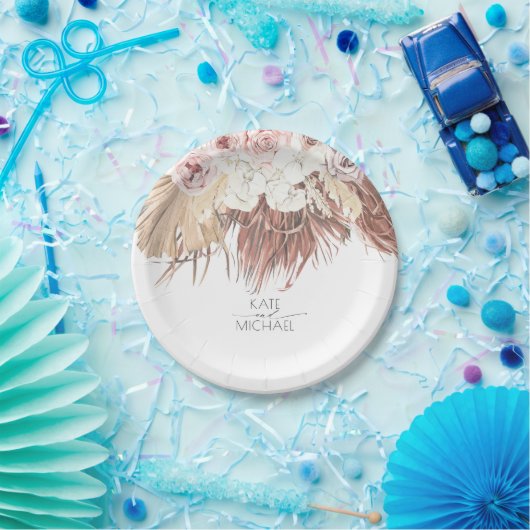 熱帯乾燥ヤシの葉と白オーキッド結婚の ペーパープレート (パーティー)