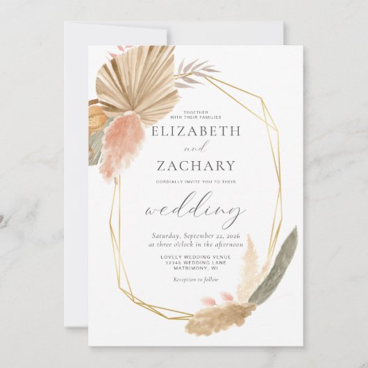 熱帯乾燥ヤシ金ゴールド幾何結婚性 招待状 (正面)
