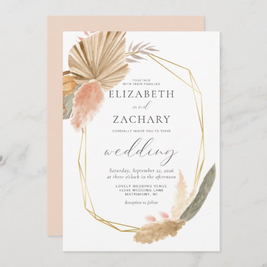 熱帯乾燥ヤシ金ゴールド幾何結婚性 招待状 (正面/裏面)