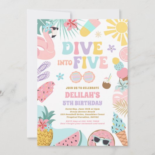 熱帯五大ビーチ5th誕生日パーティーに飛び込む 招待状 (正面)