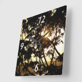 熱帯写真：木の間の夕日 スクエア壁時計 (傾斜)