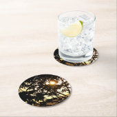 熱帯写真:木の間の夕日 ラウンドペーパーコースター (インサイチュ)