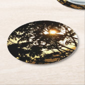 熱帯写真:木の間の夕日 ラウンドペーパーコースター (アングル)