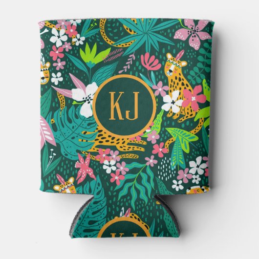 熱帯動物と葉の模様 缶クーラー (正面)