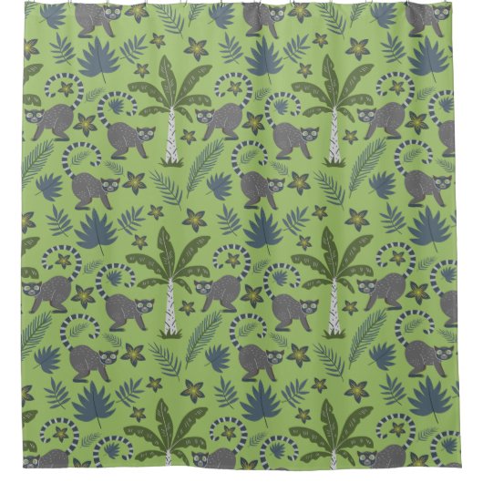 熱帯動物のシームレスなパターン緑と灰色 シャワーカーテン (正面)