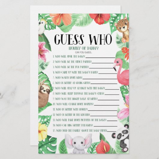 熱帯動物は誰を推測！赤ちゃんシャワーゲーム 便箋 (正面/裏面)