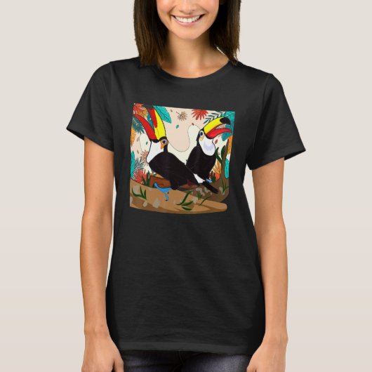 熱帯動物園の動物の鳥エキゾチック熱帯雨林の花 Tシャツ (正面)