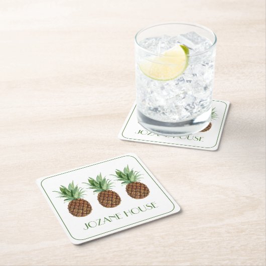 熱帯名門私立校風のパイナップルパーソナライズされた スクエアペーパーコースター (インサイチュ)