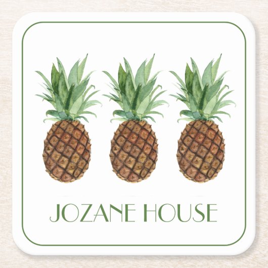 熱帯名門私立校風のパイナップルパーソナライズされた スクエアペーパーコースター (正面)