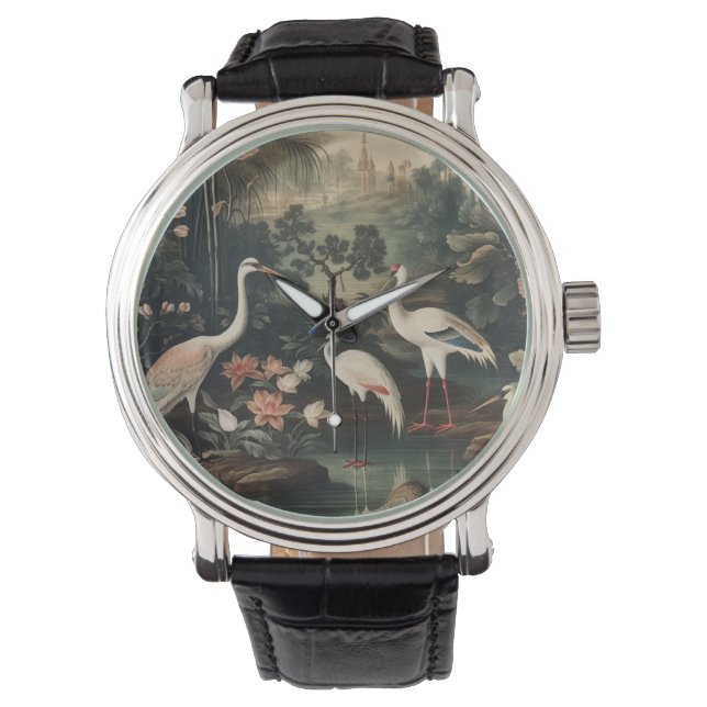 熱帯地方のヴィンテージクレーンと宮殿 腕時計 (正面)