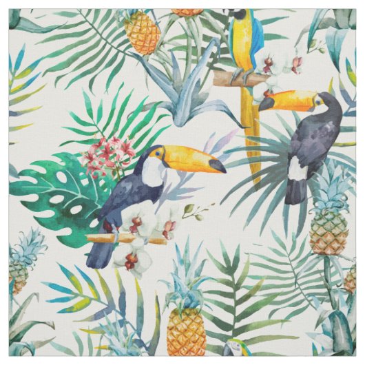 熱帯夏のパイナップルオウムの鳥の水彩画 ファブリック (見本)