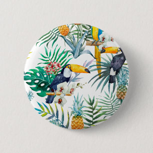 熱帯夏のパイナップルオウムの鳥の水彩画 缶バッジ