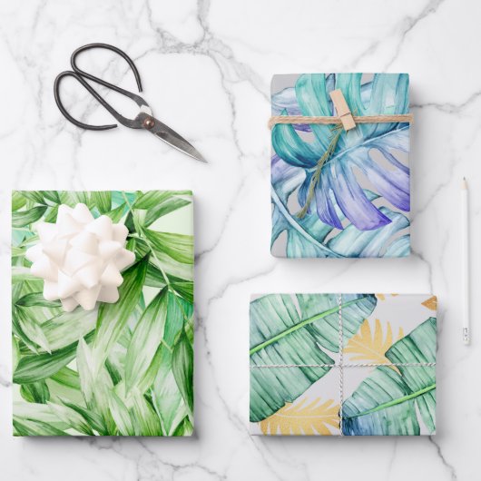 熱帯夏のパーム葉のパターン ラッピングペーパーシート (正面)