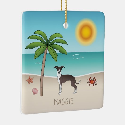 熱帯夏のビーチでアザラシと白いイギーの犬 セラミックオーナメント (右)