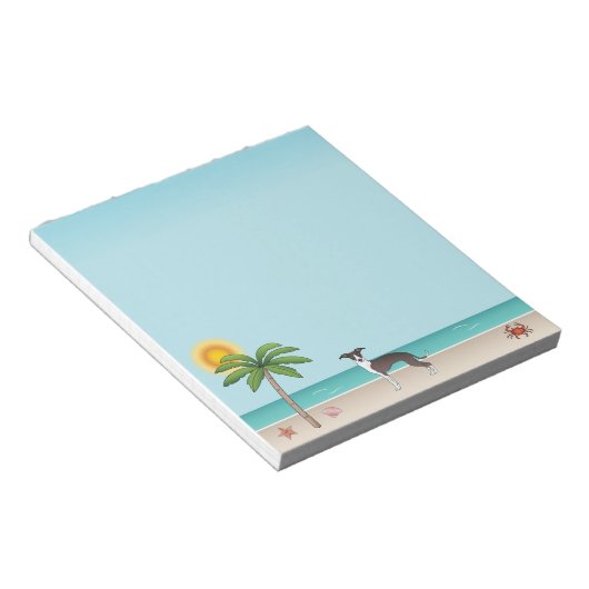 熱帯夏のビーチでアザラシと白いイギーの犬 ノートパッド (アングル)