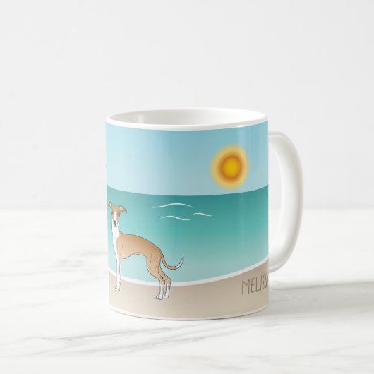 熱帯夏のビーチで子犬と白いイギー犬 コーヒーマグカップ (正面右)