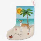 熱帯夏のビーチで子犬と白いイギー犬 スモールクリスマスストッキング (裏面)