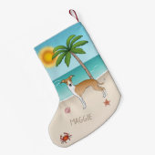 熱帯夏のビーチで子犬と白いイギー犬 スモールクリスマスストッキング (裏面 (吊り時))