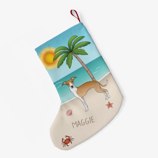 熱帯夏のビーチで子犬と白いイギー犬 スモールクリスマスストッキング (裏面 (吊り時))