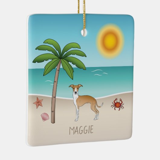 熱帯夏のビーチで子犬と白いイギー犬 セラミックオーナメント (右)