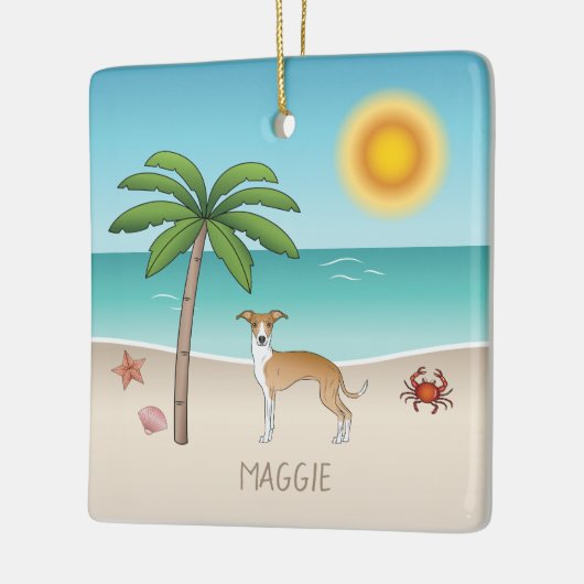 熱帯夏のビーチで子犬と白いイギー犬 セラミックオーナメント (左)