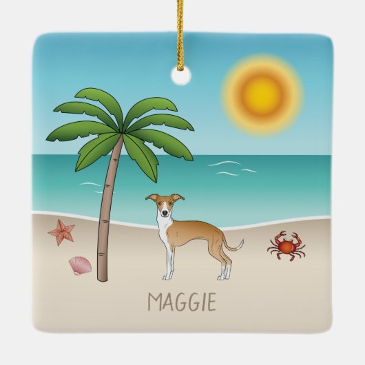 熱帯夏のビーチで子犬と白いイギー犬 セラミックオーナメント (裏面)