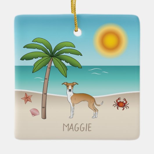 熱帯夏のビーチで子犬と白いイギー犬 セラミックオーナメント (正面)