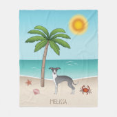 熱帯夏のビーチで青と白のイギーの犬 フリースブランケット (正面)