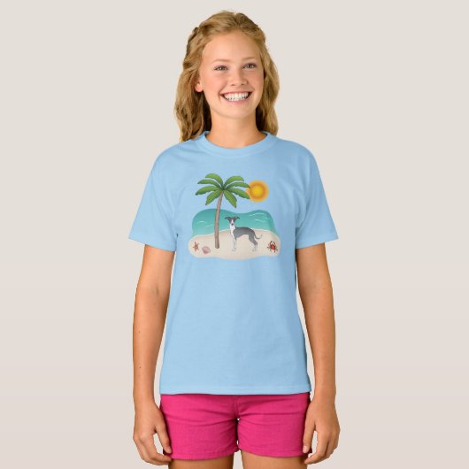 熱帯夏のビーチで青と白のイギーの犬 Tシャツ (正面フル)