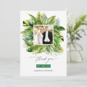 熱帯夏のビーチ結婚式写真コラージュ サンキューカード (スタンド正面)