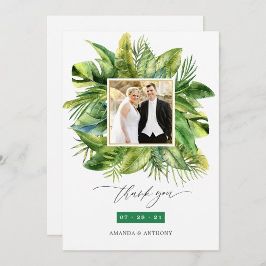 熱帯夏のビーチ結婚式写真コラージュ サンキューカード (正面/裏面)
