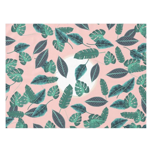 熱帯夏のピンクの緑は日没パターンを残します テーブルクロス (正面(横))