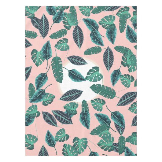 熱帯夏のピンクの緑は日没パターンを残します テーブルクロス (正面)