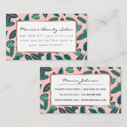 熱帯夏のピンクの緑は日没パターンを残します 割引カード (正面/裏面)