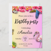 熱帯夏のフローラとピンクのフラミンゴの誕生日 招待状 (正面)