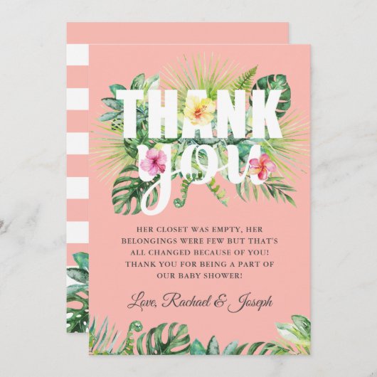 熱帯夏のフローラサンゴの赤ちゃんシャワー サンキューカード (正面/裏面)