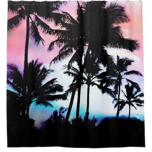 熱帯夏のヤシの木のピンクの青い日没の空 シャワーカーテン (正面)