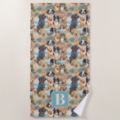 熱帯夏の犬のモノグラムのパタカラフルーン ビーチタオル (正面)