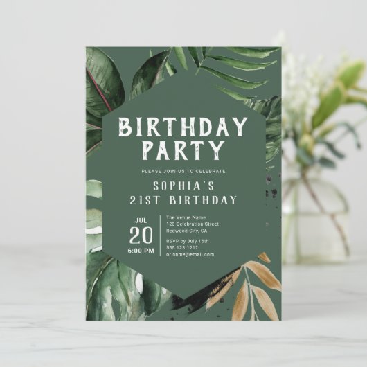 熱帯夏の緑の写真誕生日 招待状 (スタンド正面)