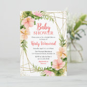 熱帯夏の花と金ゴールドフレーム赤ちゃんシャワー 招待状 (スタンド正面)
