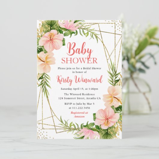 熱帯夏の花と金ゴールドフレーム赤ちゃんシャワー 招待状 (スタンド正面)