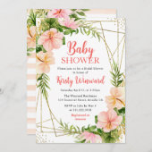 熱帯夏の花と金ゴールドフレーム赤ちゃんシャワー 招待状 (正面/裏面)