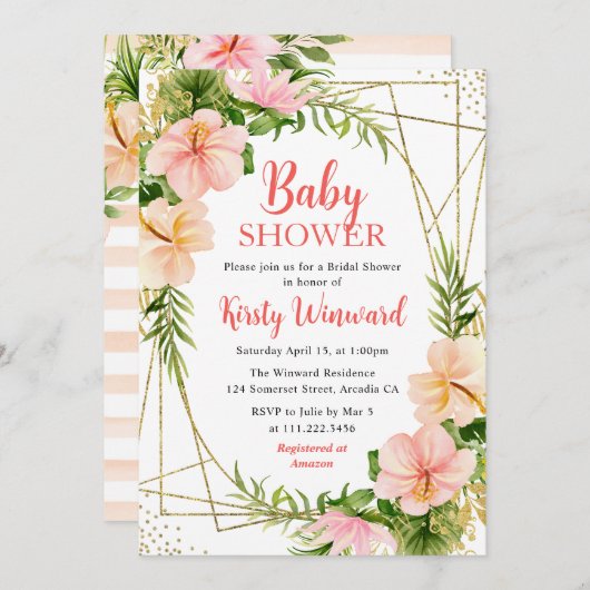 熱帯夏の花と金ゴールドフレーム赤ちゃんシャワー 招待状 (正面/裏面)