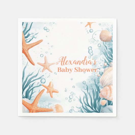 熱帯夏ビーチヒトデ赤ちゃんシャワー スタンダードカクテルナプキン (正面)